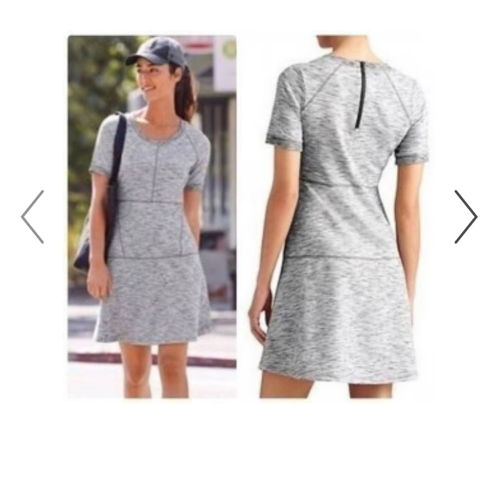 Athleta Textured En Route Gray Fit And Flare Dress Stretch Women L Short Sleeve